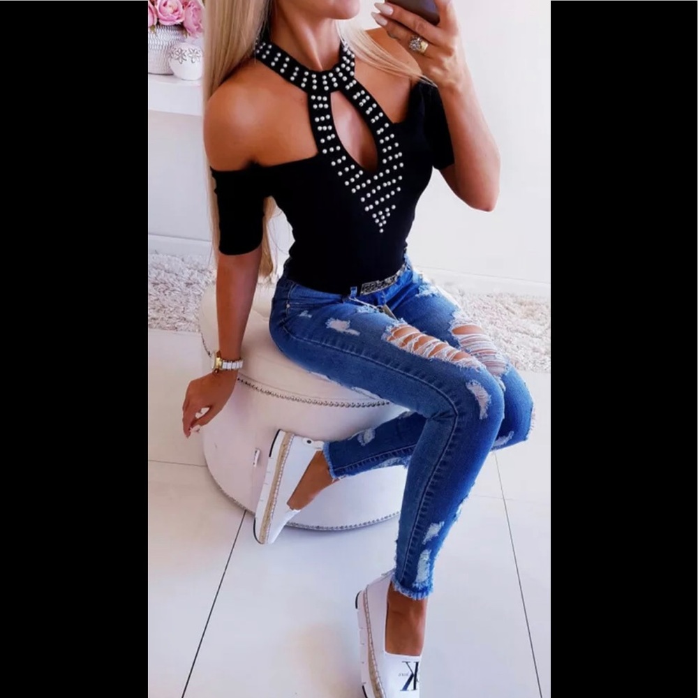 🎉HP🎉🔥SEXY BLACK CHOKER CROPPED SHORT SLEEVE TOP - Picture 4 of 6
